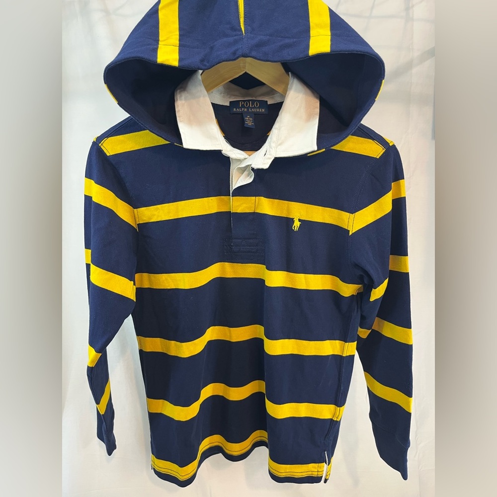 POLO Ralph Lauren Hooded Rugby Shirt; boys Med (10-12); 1/4 Button; White Collar